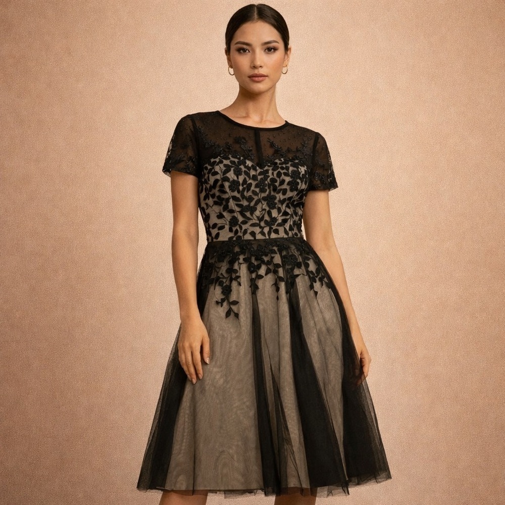 Oleg Cassini Black Lace Tulle Cocktail Dress Formal Evening Size 4